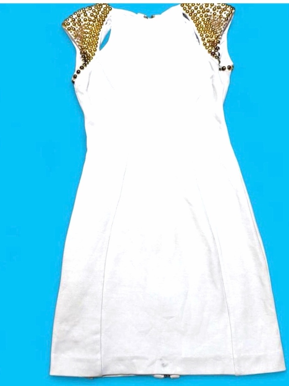 bebe White Mini Dress with Gold Studded Shoulders